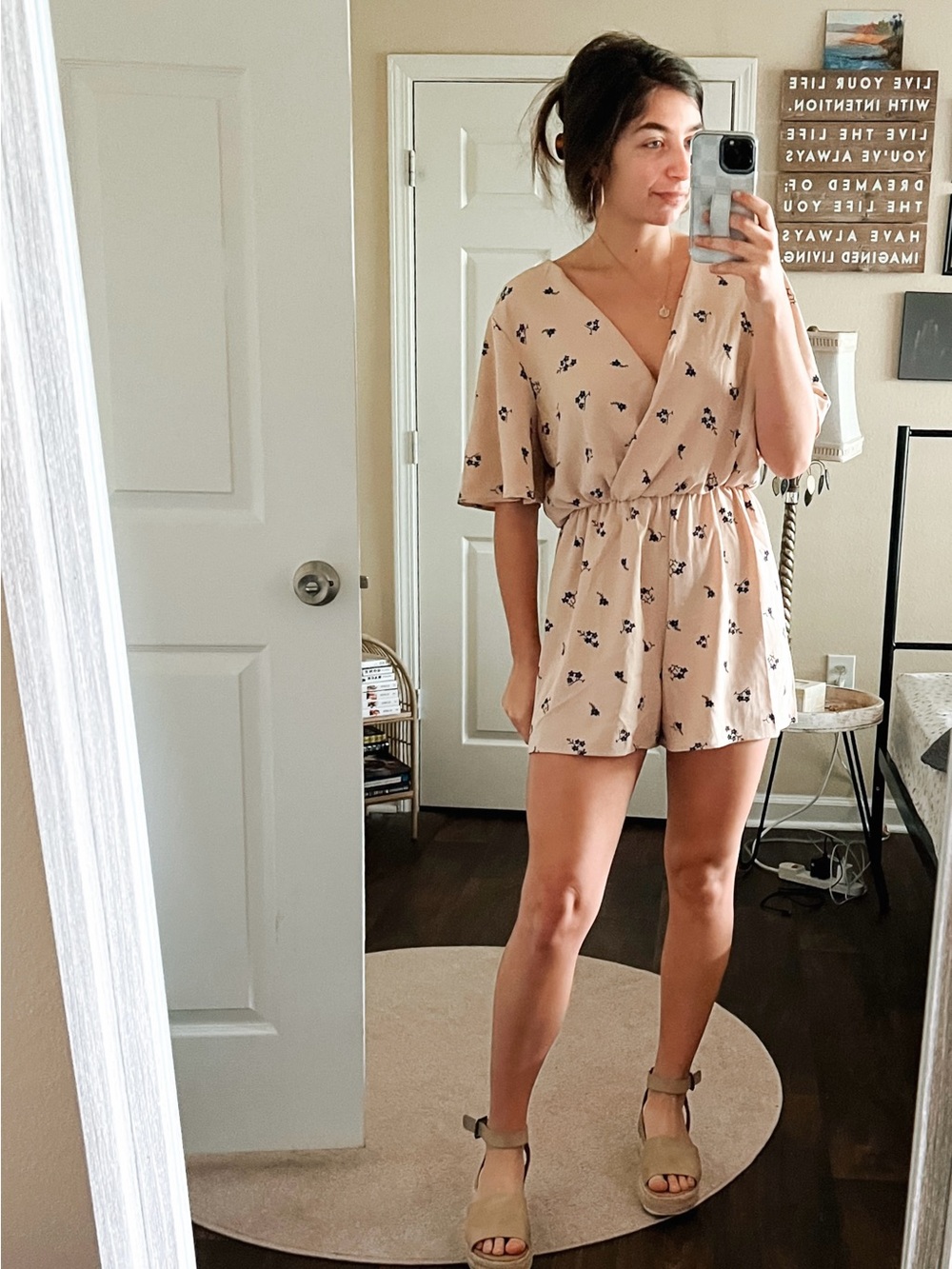 nude beige floral short sleeve low v dressy romper